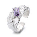 wholesale S925 Sterling Silver Irregular Pleated Square Purple Zirconia Chain Open Ring Light Luxury Style-0-6