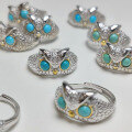 wholesale S925 silver inlaid natural raw turquoise owl women's ring, fashionable and elegant, adjustable live opening-0-0