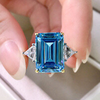 wholesale S925 Silver 10*14 Rectangular Flat High Carbon Diamond Ring for Women, Minimalist and Elegant, Drop Shipping-R168 Sea Blue Zirconium No. 6