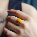 wholesale S925 Silver Natural Antique Beeswax Square Ring Openable Band Mustard Yellow Antique Beeswax Large Statement Ring-0-3