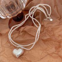 wholesale S925 Sterling Silver with Swarovski High-End Pearl Heart Double-Layer Necklace for Women, Korean Sweet and Cool Niche Long Pendant Necklace-Shijia high-end pearls + pure silver
