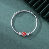 wholesale [990 Silver] Women's Korean Style Minimalist Red Enamel Four-Leaf Clover Bracelet, Fashionable Silver Bracelet-Fashion Bracelet S990 Silver