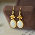 wholesale Sterling Silver with Certificate, Floral New Chinese Retro Style Jade Earrings, Minority Ethnic Style Hetian Jasper Ear Accessories Ear Drops-0-5