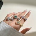 wholesale S925 silver Korean-style new open ring for women with double clover design and zircon inlay in dopamine color palette-0-1