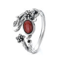 wholesale S925 Sterling Silver Vintage Leaf and Floral Design with Inlaid Southern Red Agate Ring, Pastoral Style Index Finger Ring-0-5