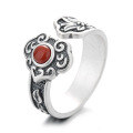 wholesale S925 sterling silver retro-style ethnic-inspired open ring with auspicious lotus design inlaid with southern red agate-0-4