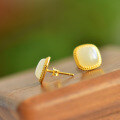 wholesale 925 Silver with Certificate, New Chinese Style Square Ancient Pattern Inlaid Jade Earrings, Simple Hetian Jade Stud Earrings for Women-0-5