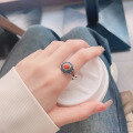 wholesale S925 Sterling Silver Vintage Ethnic Style Pattern Drip Glaze Resin with Southern Red Accent Elegant Open Ring-0-3
