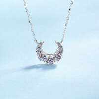 wholesale S925 Sterling Silver Moissanite Necklace for Women, Crescent Moon Smile with Inlaid Diamonds Collarbone Chain, Exquisitely Sweet and Sophisticated-Moissanite 66 points 925 silver