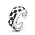 wholesale S925 Sterling Silver Black and White Checkerboard Open Ring Hip-Hop Trendy Stylish Ins Niche Luxury Style-0-4