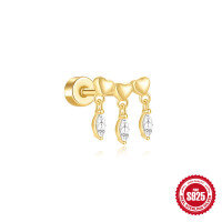 wholesale S925 Sterling Silver Marquise Heart Diamond-Cut Cylindrical Threaded Ear Cuff-Single gold #1