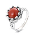 wholesale S925 Sterling Silver Retro Antique Vintage Style 3D Lotus Auspicious Cloud South Red Inlay Ring Classical Elegance-0-5