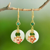 wholesale 925 Silver Gilded with Certificate, Ancient-style Earrings with Inlaid Hetian Jade, Cold Enamel Lotus Princess Clasp, Jade Stone Earrings for Women-Gold>925 silver