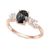 wholesale [Rose Gold/S925 Sterling Silver] Inlaid with Natural Black Rutilated Quartz Ring, Elegant Classic Gemstone Ring-S925 Silver + Natural Black Rutilated Quartz  US Size 7