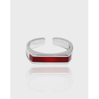 wholesale S925 Sterling Silver Geometric Rectangular Red Resin Drop Korean Version Ins Minimalist Design Open Adjustable Ring for Women-Platinum [Red] Opening adjustable