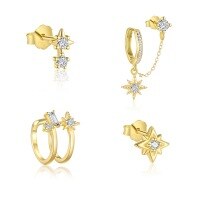 wholesale S925 Sterling Silver Octagram Tassel Earrings with Zirconia, Women's Fashion Minimalist Luxury Small Star Design-Single four-piece set 925 silver