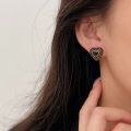 wholesale S925 Sterling Silver Ancient Method Gold Black Agate Heart Stud Earrings Women's Korean Spring New Arrival High-end Fashion Must-have Earrings-0-3