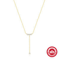 wholesale S925 Sterling Silver Single Row Diamond Y-Shape Versatile Elegant Collarbone Necklace, Korean Japanese Minimalist Design, High-End-Gold 925 silver