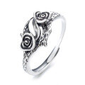 wholesale S925 Sterling Silver Vintage Bohemian Style Antique Unique Three-Dimensional Rose Twin-Stem Twisted Adjustable Ring-0-4