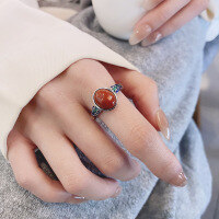 wholesale S925 Silver Retro Antique Style Cloud-Patterned Resin-Inlaid Southern Red Agate Cabochon Ethnic Design Adjustable Ring-YFJ1382/approx. 3.9g Adjustable opening