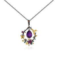 wholesale 925 Silver Pendant with Blooming Spring Charm, Natural Colored Gemstone Necklace, Design-Fresh and Natural Style Women's Necklace, Ins Style-Amethyst Spring Branch Necklace>925 Silver