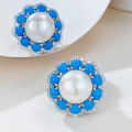 wholesale 925 silver new jewelry blue turquoise inlaid 12mm pearl ear studs fashionable elegant ear clips-0-1