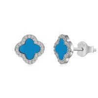 wholesale S925 Sterling Silver INS Style Hot Women's Earrings with Advanced Sense White Shell Black Agate Four-Leaf Clover Design Light Luxury Ear Accessories-Blue Turquoise DY1D0388-SW-BU 925 Silver