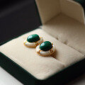 wholesale 925 Sterling Silver Plated with 18k Gold Vintage High-End Natural Malachite and Mother-of-Pearl Large Cabochon Earrings-0-2