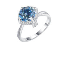 wholesale S925 Sterling Silver Cross-Border 3-Carat Colorful Moissanite Twist Shank Square Halo Ring Gift for Girlfriend Wedding Ring-3 carat (sky blue moissanite) ring size 6