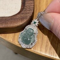 wholesale S925 Sterling Silver Ice-Transparent Sky Blue Chalcedony Inlaid Diamond Buddha Pendant Necklace, Fashion New Chinese Style Versatile Collarbone Chain-Buddha Necklace - White Gold > 925 Silver