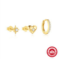 wholesale S925 Sterling Silver Zircon-Studded Clover Love Earring Set, Cross-Border Hot-Selling Light Luxury INS Ear Hoops-Set of 3 - Gold#1 925 Silver