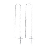 wholesale S925 Sterling Silver Cross Ear Thread with European and American Micro-Set Zirconia Long Drop Earrings, Fashionable and Sparkly Cross-Border Earring Wholesale-Platinum 925 Silver