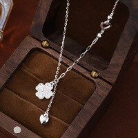 wholesale 999 Silver Ice Crushed Double Loop Four-Leaf Clover Necklace for Women, Minimalist Luxury Slim Waist Pendant Chain-003057 Tassel Clover Necklace 999 Silver>999 Silver