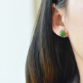 wholesale 925 Sterling Silver with Hetian Jade Inlaid Earrings, Simple Ancient Style Natural Cabochon Green Jade Stud Earrings for Women-0-2