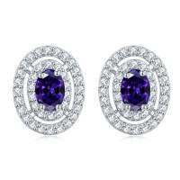 wholesale S925 Sterling Silver Cross-Border New Oval Stud Earrings, European and American Fashion Full Row of Zirconia Diamond Stud Earrings, High-End Wholesale-Medium Purple Blue [February]>925 Silver