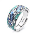 wholesale S925 Sterling Silver Retro Literary Ethnic Style "Year After Year Surplus" Aged Lotus and Carp Ring with Auspicious Meaning for Men and Women-0-6