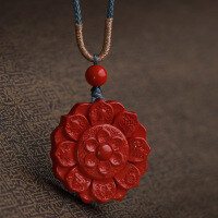 wholesale Metal pendant with certificate, high-content cinnabar, antique-style lotus, red jade plaque, six-syllable mantra, zodiac year necklace pendant-With braided rope