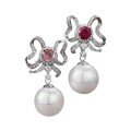 wholesale 25 silver new bow-shaped inlaid ruby and sapphire earrings with 13mm pearl for women-0-4