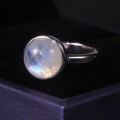 wholesale S925 Sterling Silver Simple and Elegant Natural Moonstone Ring, 10mm Round High-Quality Blue Flash Moonstone Ring-0-2