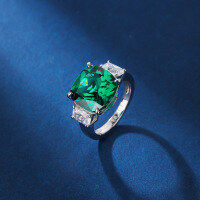 wholesale S925 Sterling Silver Cultivated Emerald Ice Flower Cut High Carbon Diamond Gemstone Ring Women's Cross-Border Live Streaming Hot-Selling Jewelry-Green 9