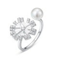 wholesale S925 Sterling Silver Simple Fashion Shell Pearl White Zircon Snowflake Ring for Women, Versatile Wear White Zircon Ring Wholesale-0-5