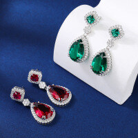 wholesale S925 Sterling Silver Cross-Border Live Factory Wholesale Elegant Earrings Inlaid with 5A High Carbon Diamonds Emerald Ruby Stud Earrings-red