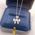 wholesale S925 Sterling Silver Pearl and Diamond Bow Heart Necklace, Unique and Sweet Collarbone Chain, Gift for Female Best Friend-0-1