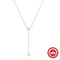 wholesale 925 Sterling Silver New Y-Shaped Double Heart Tassel Pendant Necklace with Crystal Accents-Platinum 925 silver
