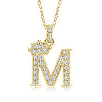 Gold-Plated Copper Crown Zircon Quartz Letter Pendant Necklace-Letter necklace M
