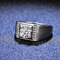 925 Sterling Silver Moissanite 1ct Classic Four-Prong Men's Band Ring Live-carat (simulated diamond)  Adjustable opening