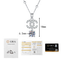 S925 Silver Moissanite Necklace, Double C Pendant, Light Luxury Style-1-carat moissanite + (cross bead chain)  925 silver