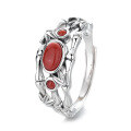 wholesale S925 Sterling Silver Multi-layer Bamboo Joint and Leaf Inlaid with Southern Red Agate Ring, Artistic Vintage Ethnic Style-0-4