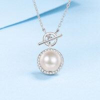 wholesale 925 Sterling Silver Women's Collarbone Necklace, Light Luxury Trendy Brand, Flawless Freshwater Pearl Necklace with Moissanite Micro-Inlaid Pendant-14 points Moissanite / 8-9mm bread beads  925 silver