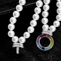 wholesale S925 Sterling Silver Versatile Necklace for Commuting, Gradient Square Colorful 15*2*3 Pendant with Full Circle Inlay-Rainbow Hoop Clasp + 8mm Shell Pearl Necklace 90cm [N3384] Colored Sapphire
